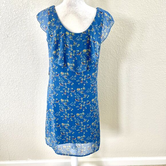 Altar’d State Sz Medium Baby Blue Floral Party Dress Ruffle Shoulder Sheer Lined - Picture 8 of 14